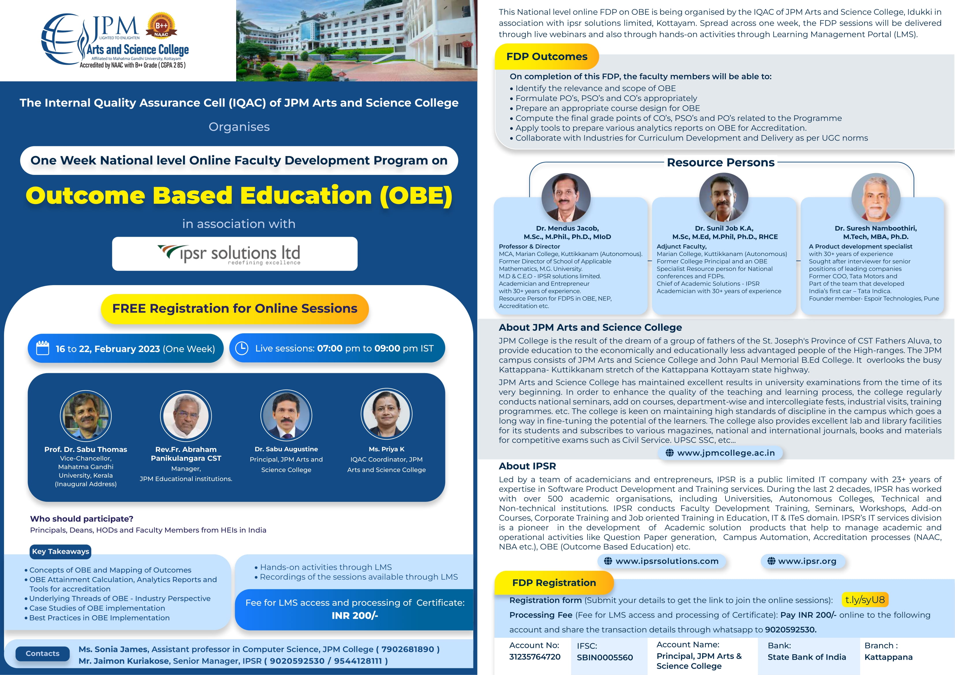 One Week National level Online Faculty Development Program on Outcome Based Education (OBE)